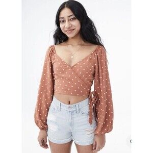 Aeropostale Woman’s Small Crop Top Polka Dot Long Sleeve Wrap Brown White